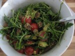 green green green is what we need! avocado, rucola, tomatoes and roasted cubes of brown bread