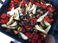roast the veg. red pepper, fennel & aubergine, add the walnuts at the end.