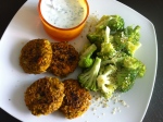 buckwheat burgers with yoghurt dip and broccoli salad. cook the buckwheat, add curcuma, some tahini, salt , diced carrots and onions. fry them in a pan without oil. for the broccoli salad steam the broccoli and make a dressing with lemon, olive oil and salt, sprinkle with shelled hemp seeds. for the yoghurt dip chop up fresh herbs (i used sage, basil, mint and parsley) and mix it with salt, cumin and a hint of olive oil. also yummy when still cold, as an alternative to broccoli salad also cucumber salad tastes very nice.